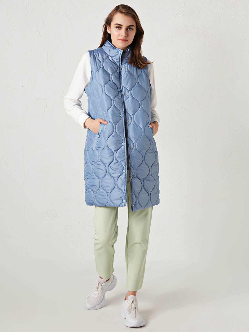 Mavi Dik Yaka Kendinden Desenli Kadın Yelek-3