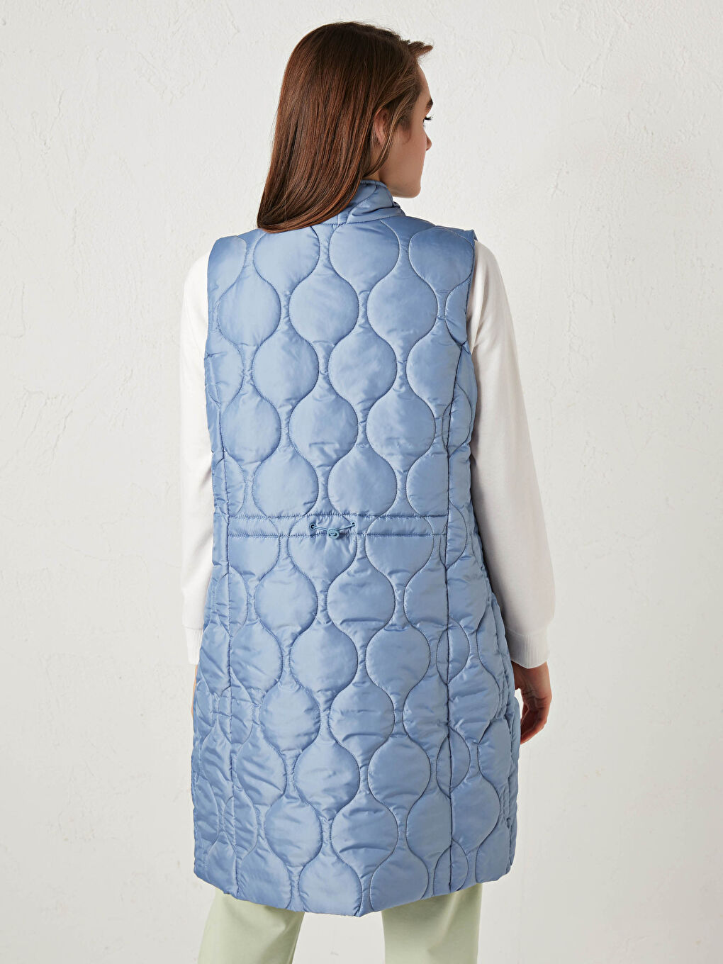 Mavi Dik Yaka Kendinden Desenli Kadın Yelek-4