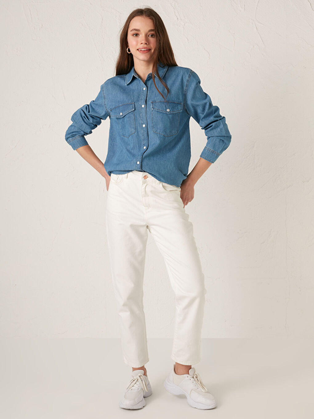 Pocket Detailed Straight Long Sleeve Women's Jean Shirt-4