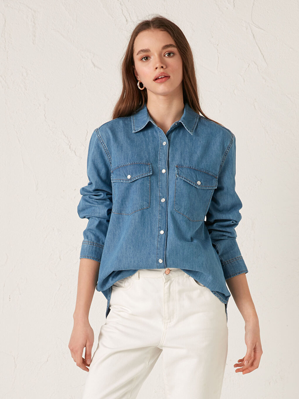 Pocket Detailed Straight Long Sleeve Women's Jean Shirt