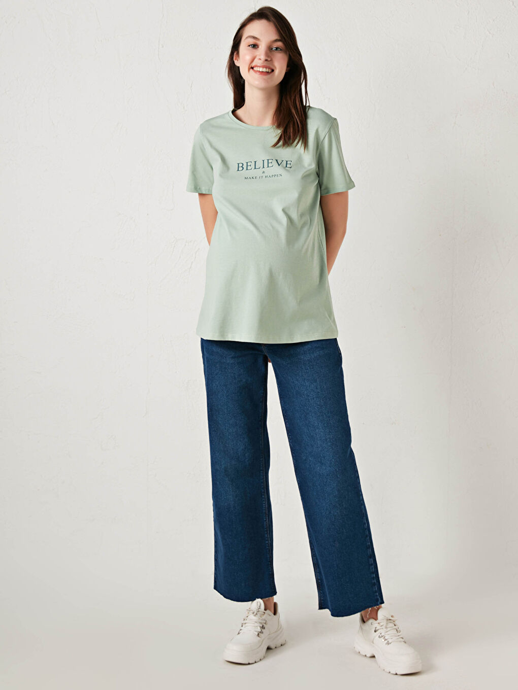 Yeşil Bisiklet Yaka Baskılı Kısa Kollu Hamile Tişört-7