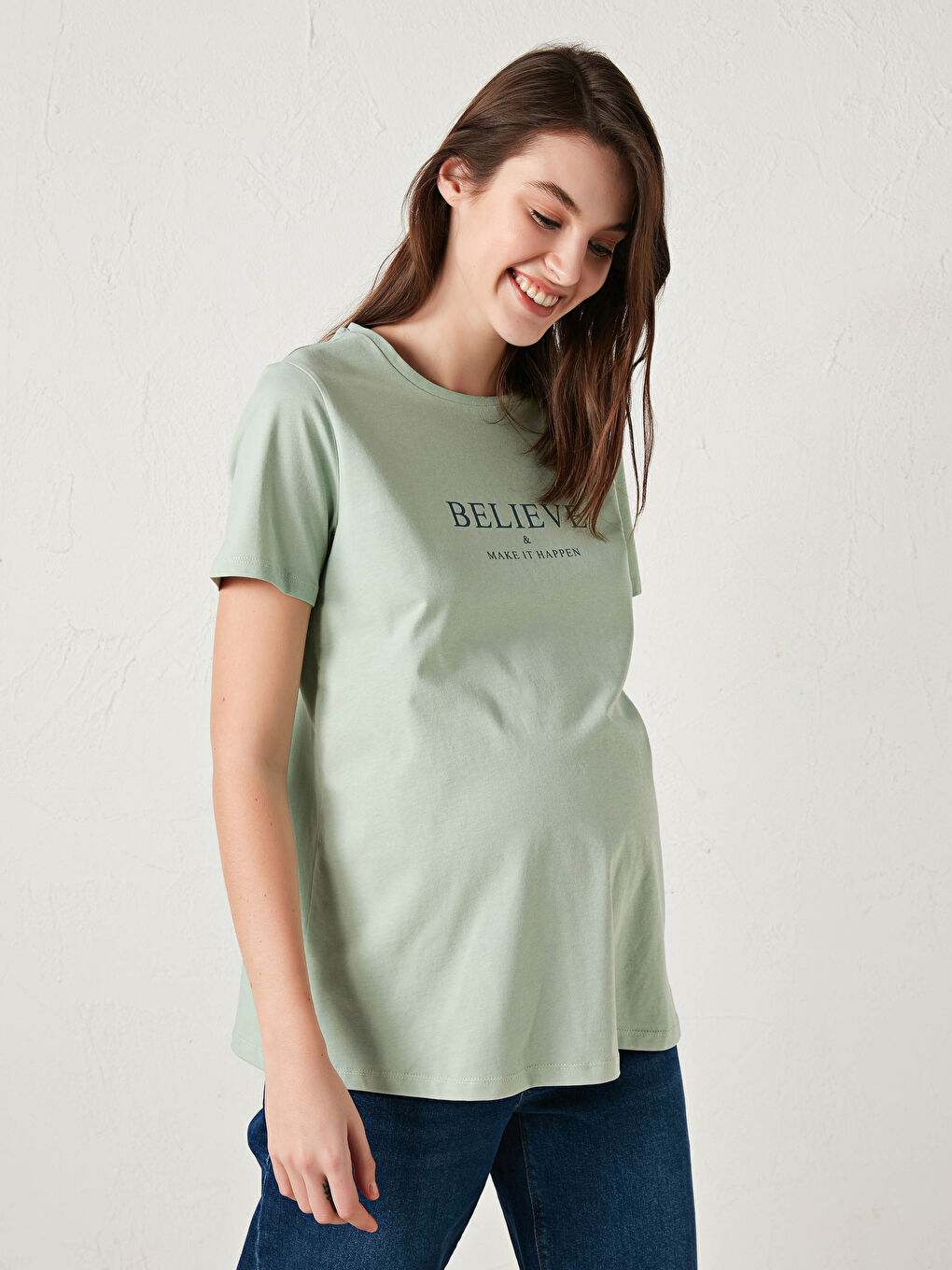 Yeşil Bisiklet Yaka Baskılı Kısa Kollu Hamile Tişört-1