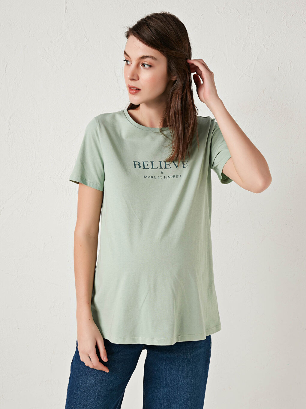 Yeşil Bisiklet Yaka Baskılı Kısa Kollu Hamile Tişört-5