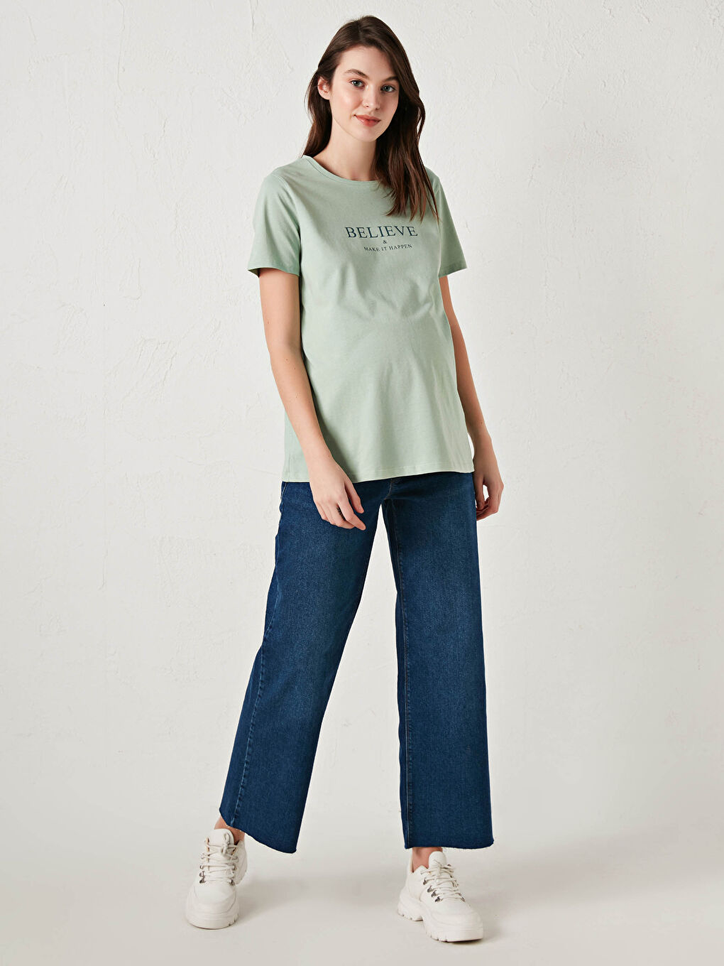 Yeşil Bisiklet Yaka Baskılı Kısa Kollu Hamile Tişört-6