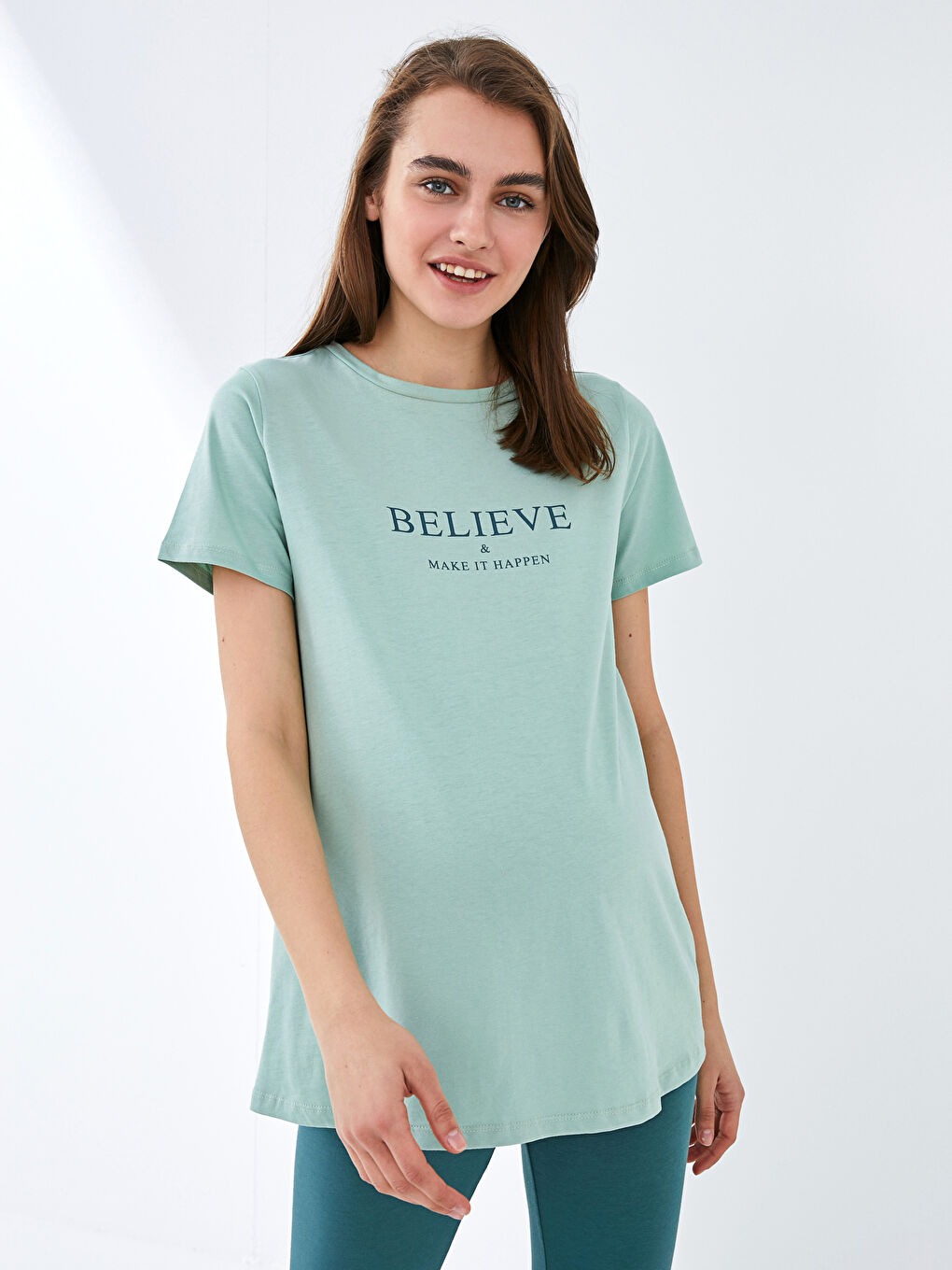 Yeşil Bisiklet Yaka Baskılı Kısa Kollu Hamile Tişört