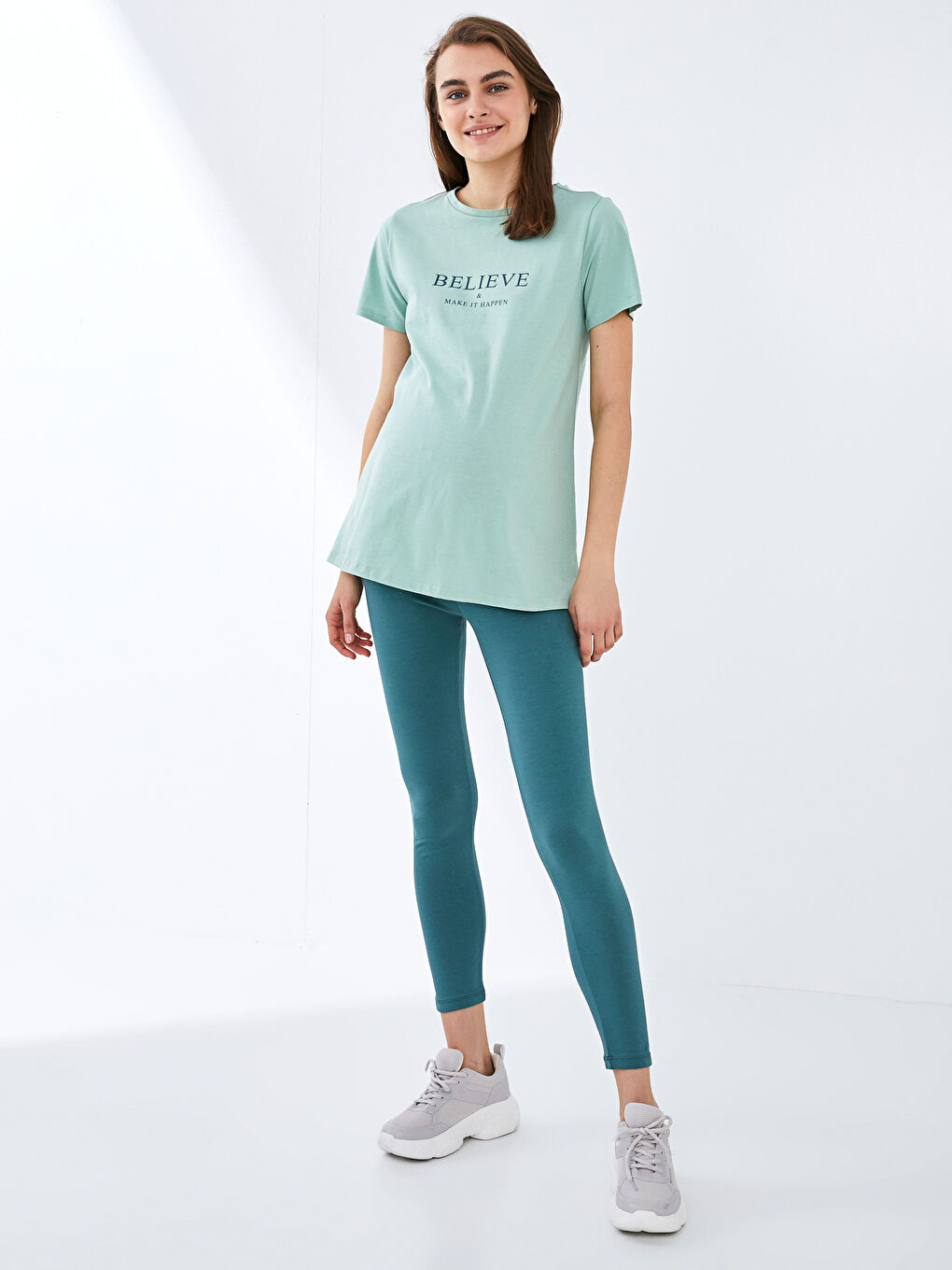 Yeşil Bisiklet Yaka Baskılı Kısa Kollu Hamile Tişört-3