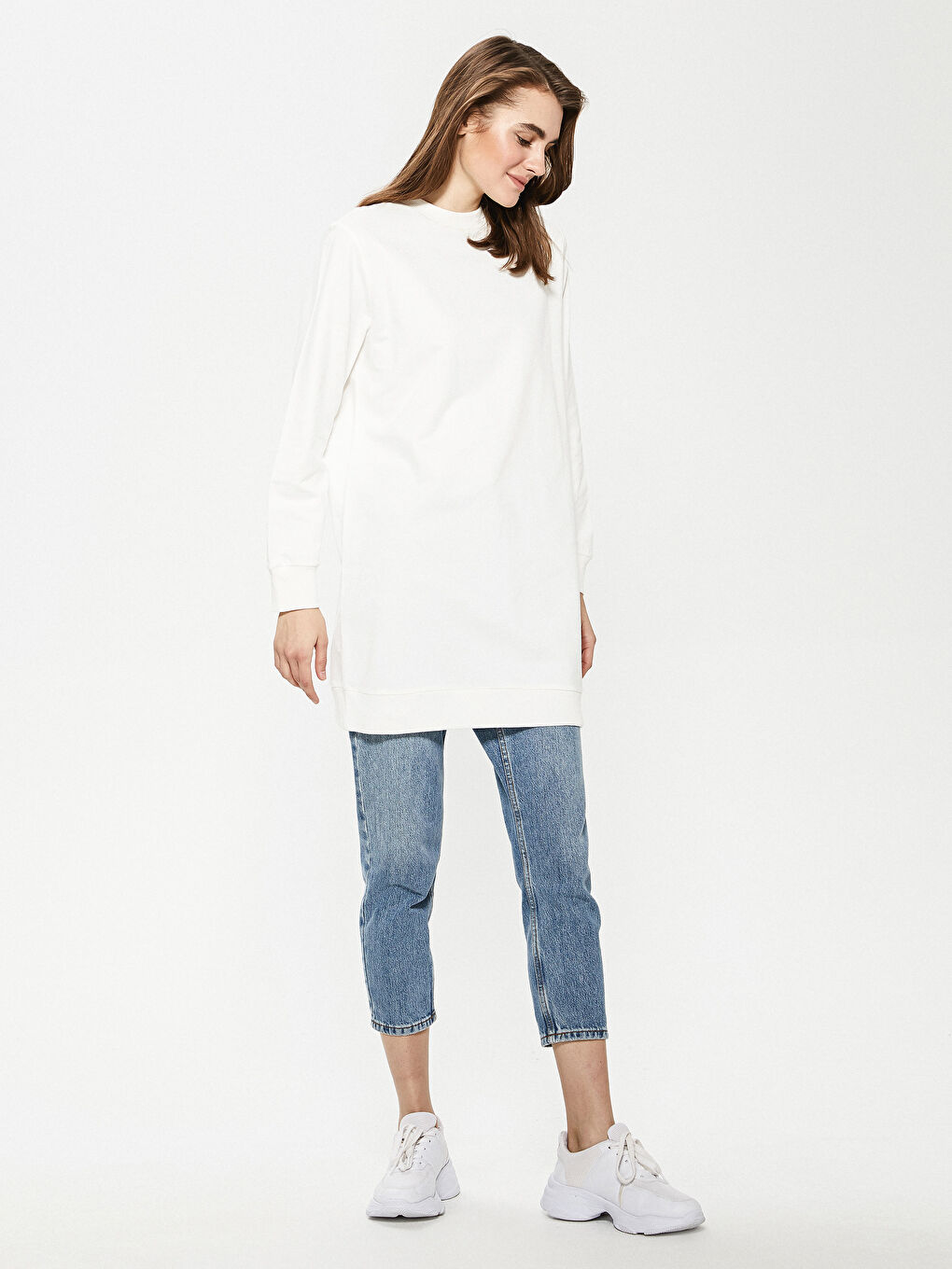 Dukserica tunika od pamuka sa okruglim izrezom za žene-2