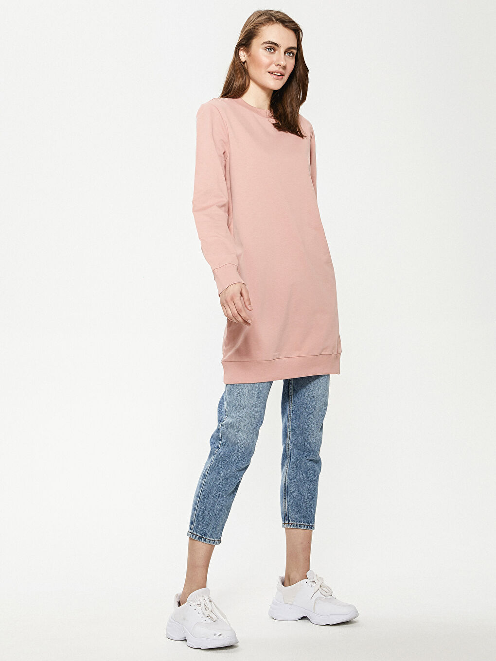 Pembe Bisiklet Yaka Pamuklu Kadın Sweatshirt Tunik-2