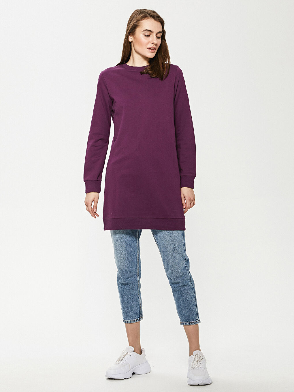 LCW Modest Crew Neck Cotton Women's Sweatshirt Tunic -S1DA08Z8-PMR