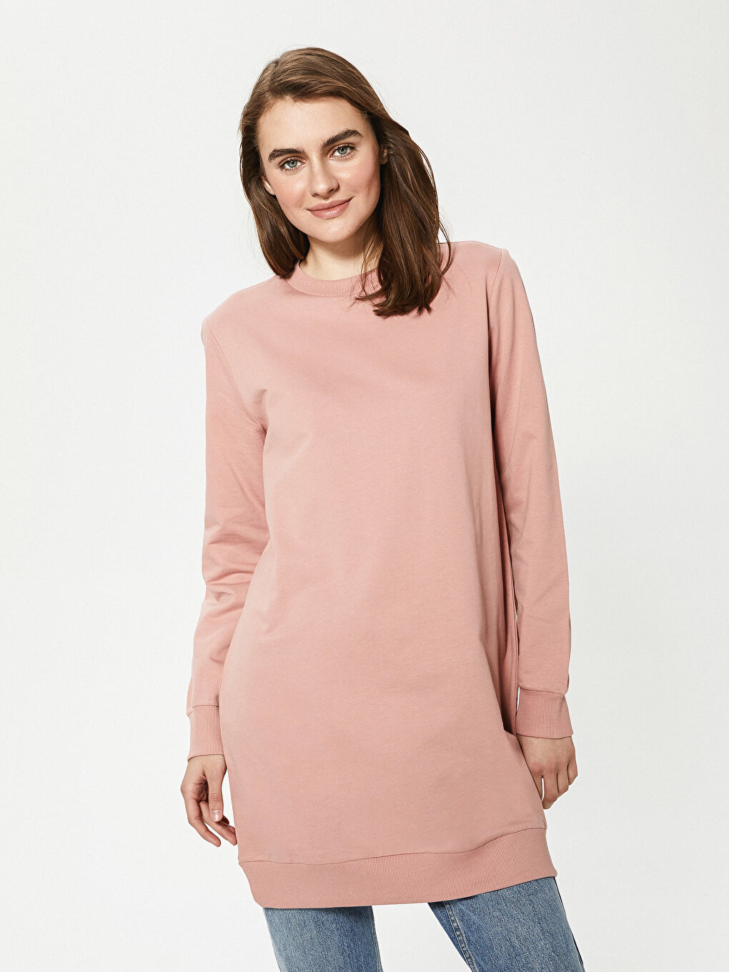 Pembe Bisiklet Yaka Pamuklu Kadın Sweatshirt Tunik-4