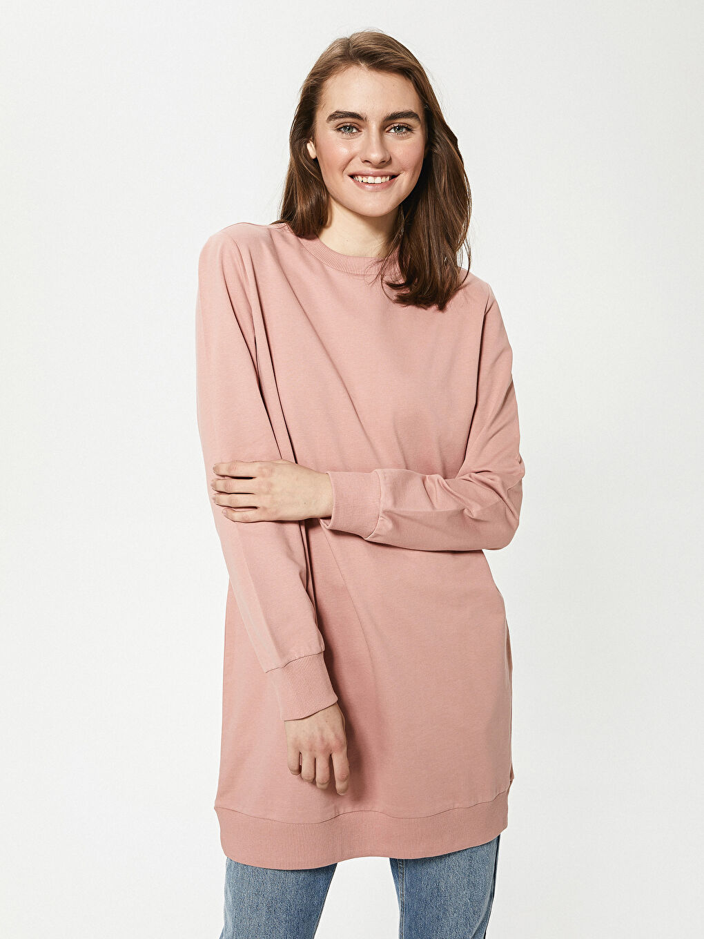 Pembe Bisiklet Yaka Pamuklu Kadın Sweatshirt Tunik