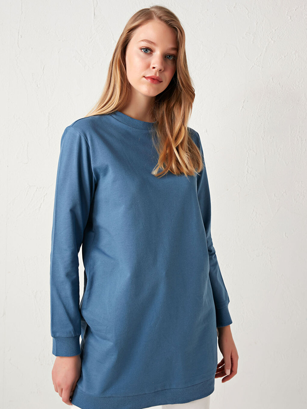 Mavi Bisiklet Yaka Pamuklu Kadın Sweatshirt Tunik