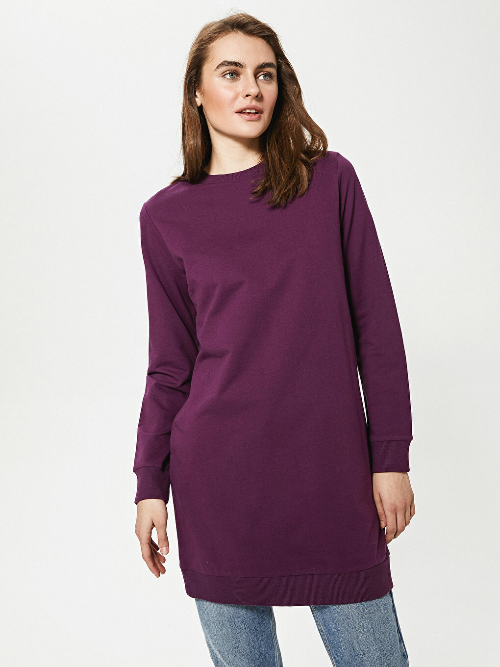 LCW Modest Crew Neck Cotton Women's Sweatshirt Tunic -S1DA08Z8-PMR