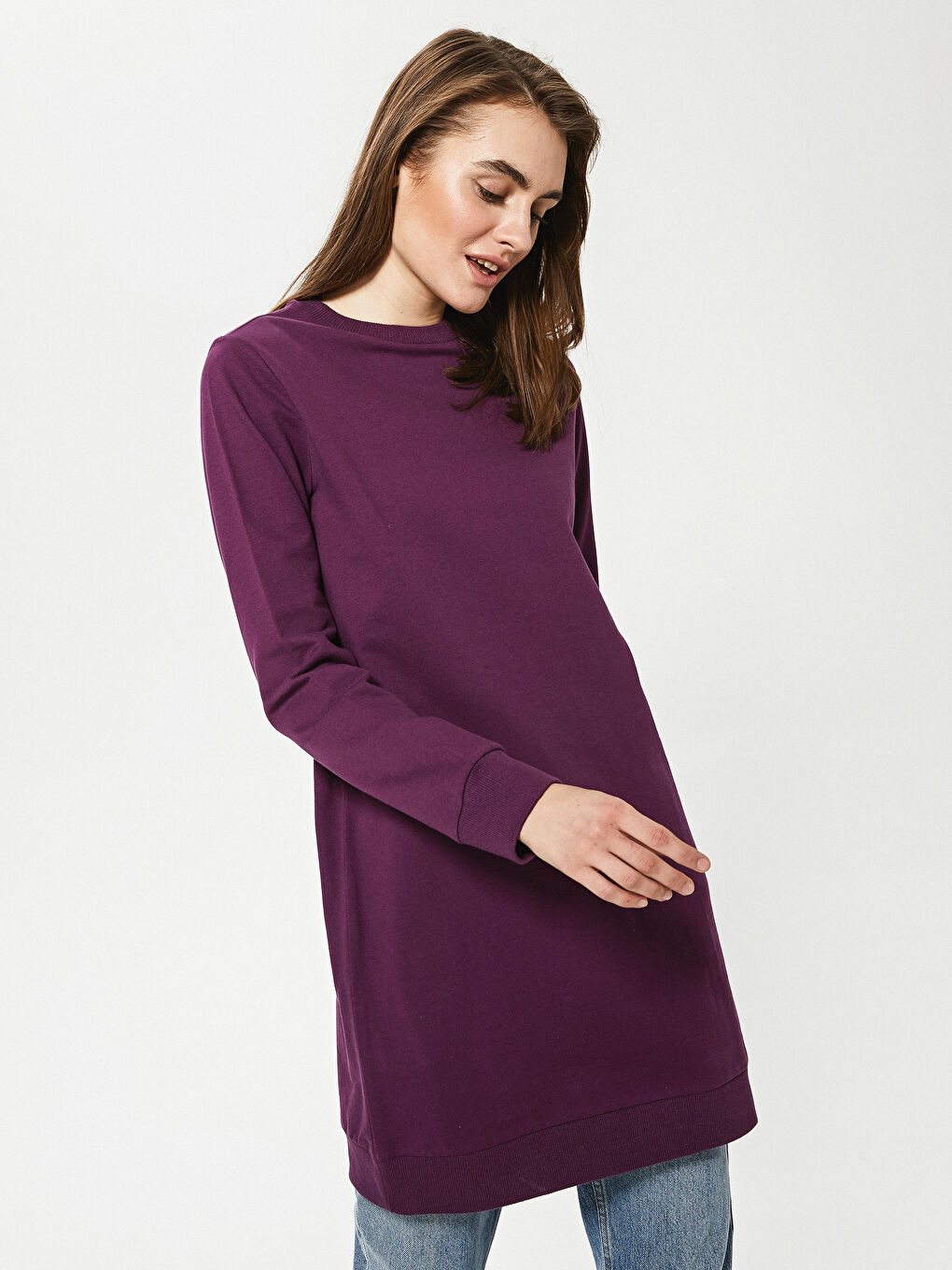 LCW Modest Crew Neck Cotton Women's Sweatshirt Tunic -S1DA08Z8-PMR