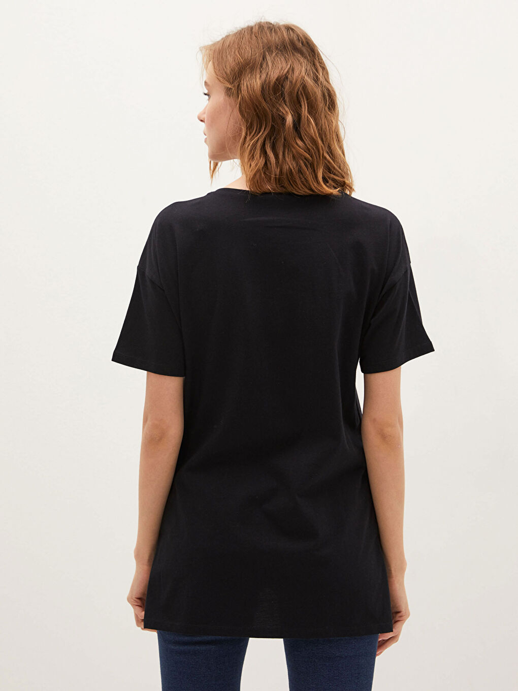 Siyah Bisiklet Yaka Baskılı Kısa Kollu Pamuklu Kadın Tişört-8