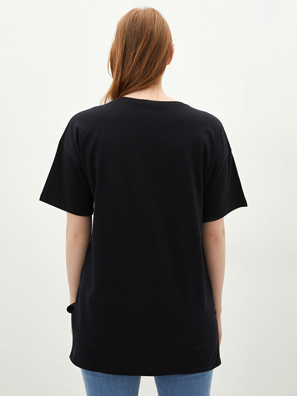 Siyah Bisiklet Yaka Baskılı Kısa Kollu Pamuklu Kadın Tişört-4