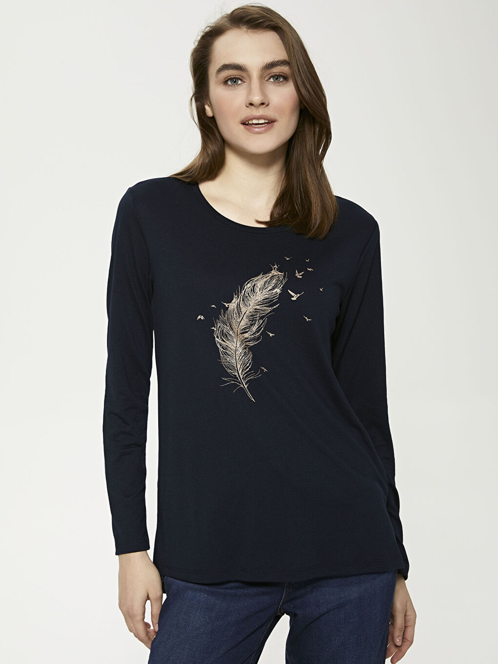 Crew Neck Printed Long Sleeve Women's T-Shirt-1