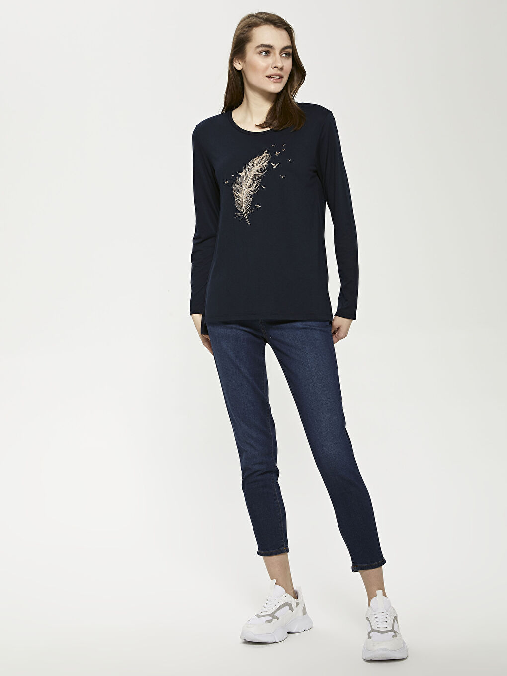 Crew Neck Printed Long Sleeve Women's T-Shirt-2