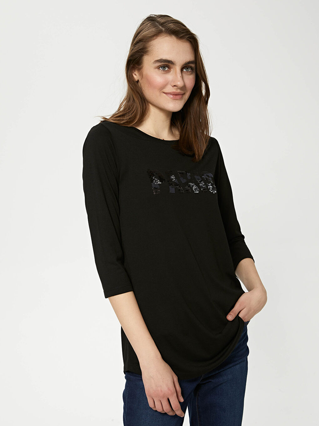 Crew Neck Sequin Embroidered Women's T-Shirt-4