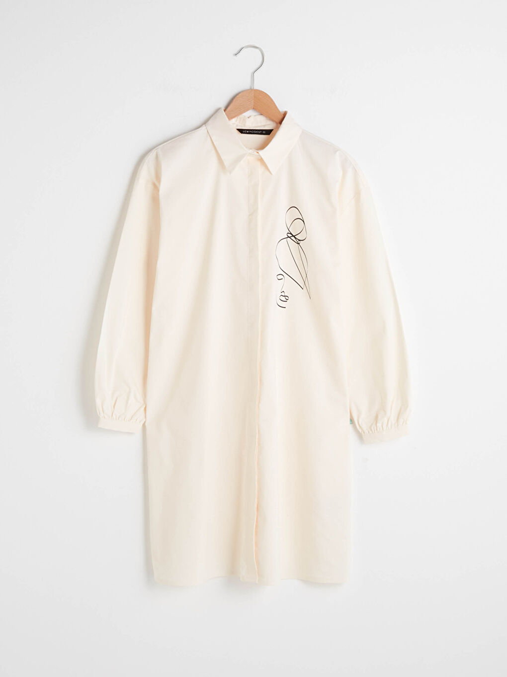 Bej Baskılı Uzun Kollu Oversize Poplin Kadın Gömlek Tunik-5