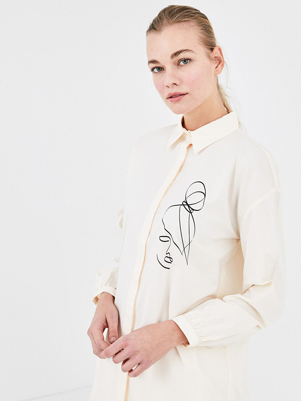 Bej Baskılı Uzun Kollu Oversize Poplin Kadın Gömlek Tunik-2