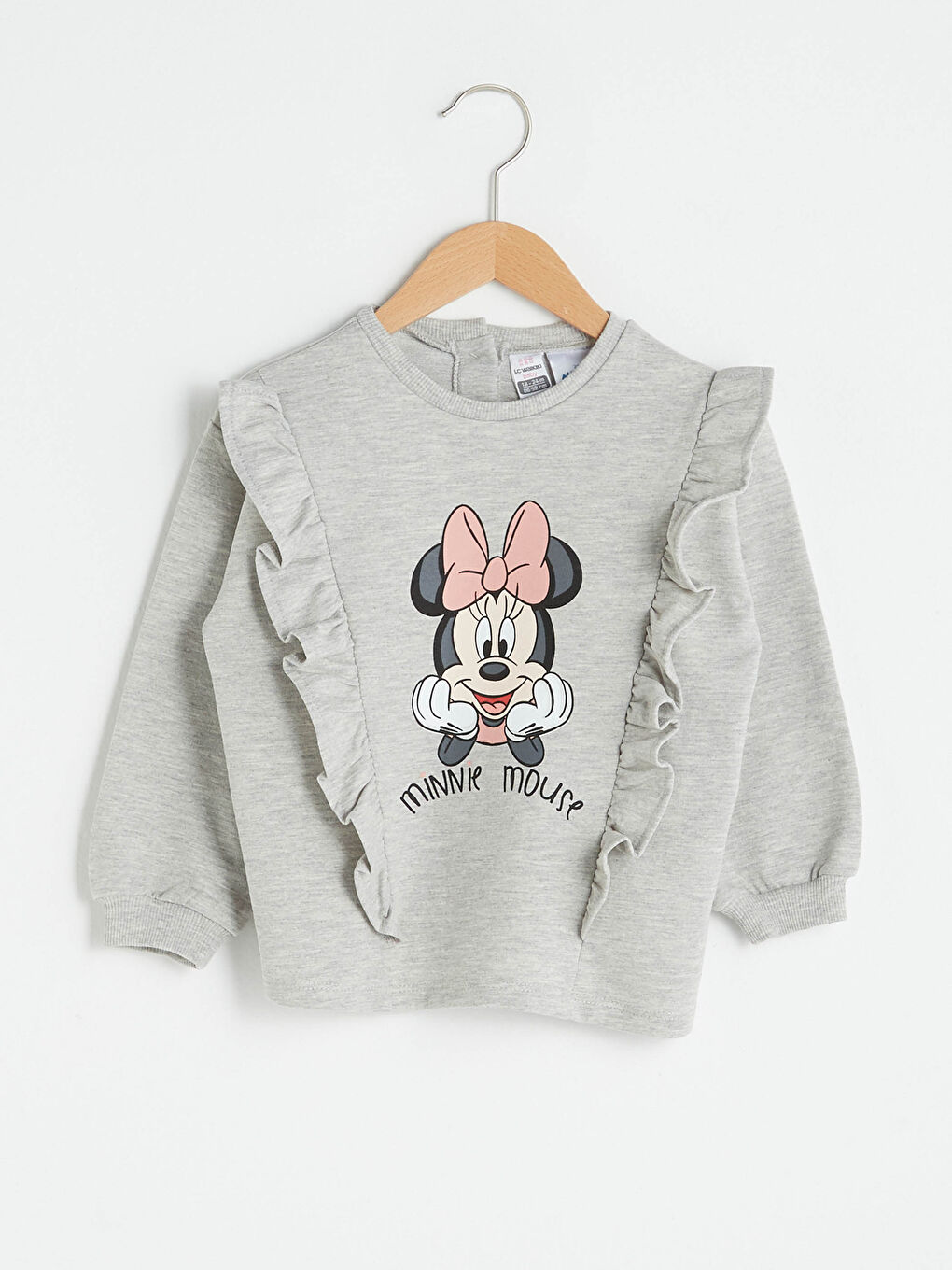 Gri Bisiklet Yaka Uzun Kollu Minnie Mouse Baskılı Kız Bebek Sweatshirt