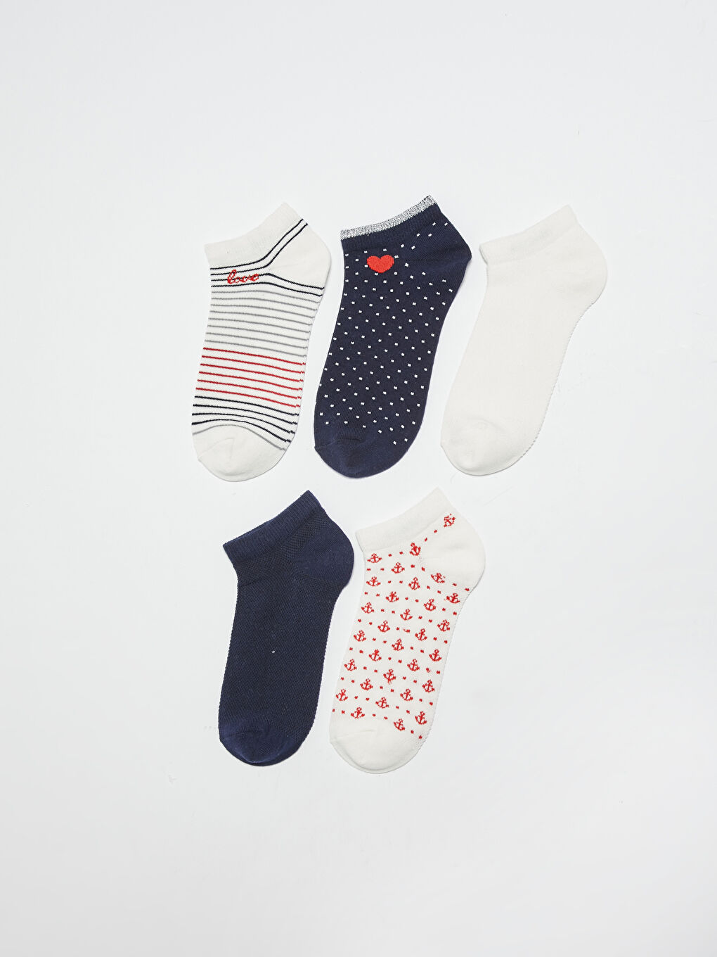 Ekru Desenli Pamuklu Kadın Patik Çorap 5'li-1