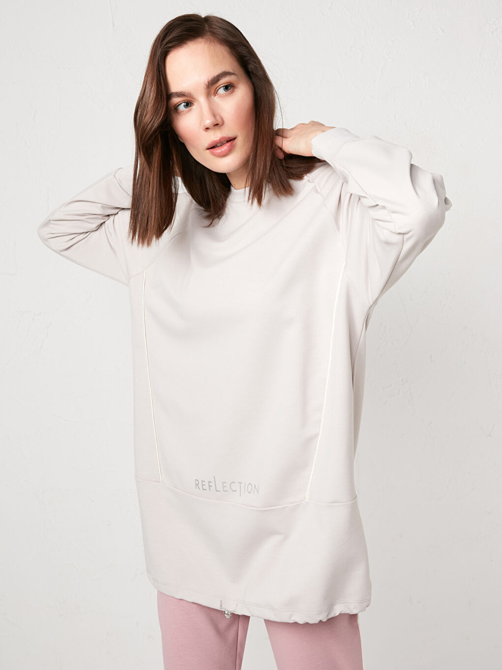 Gri Bisiklet Yaka Reflektör Baskılı Uzun Kollu Kadın Sweatshirt Tunik-8