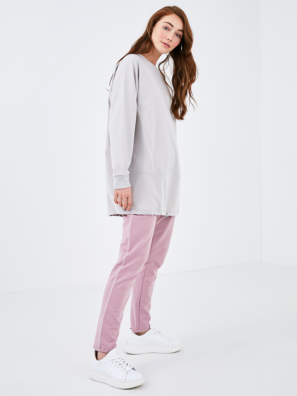 Gri Bisiklet Yaka Reflektör Baskılı Uzun Kollu Kadın Sweatshirt Tunik-2