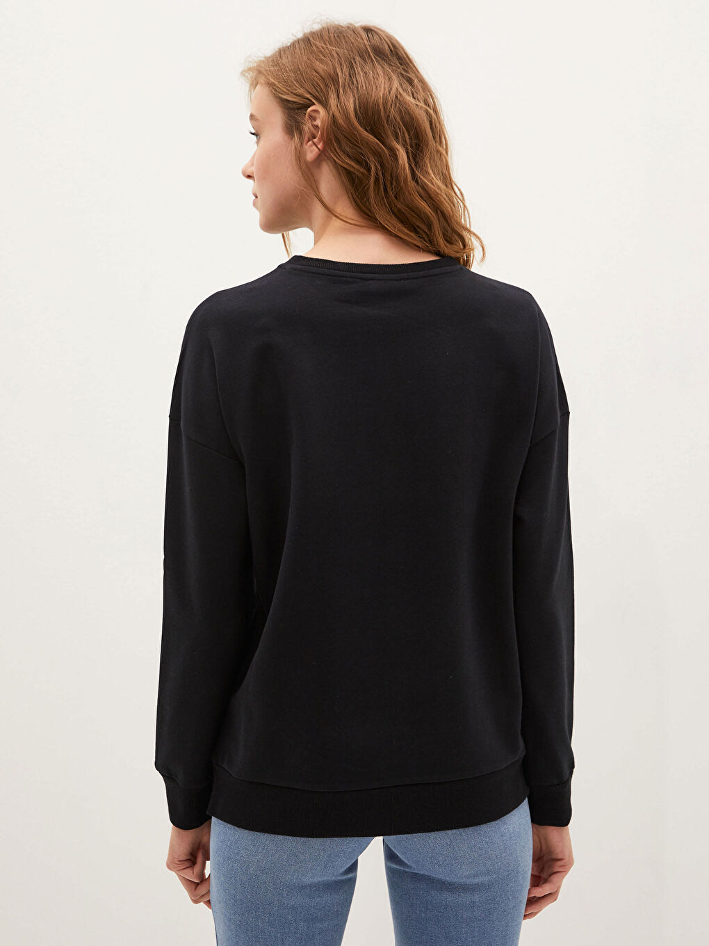 Siyah Bisiklet Yaka Basic Uzun Kollu Pamuklu Kadın Sweatshirt-8