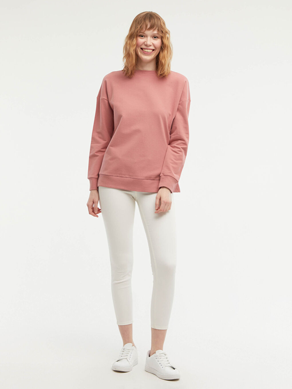 Pembe Bisiklet Yaka Basic Uzun Kollu Pamuklu Kadın Sweatshirt-12