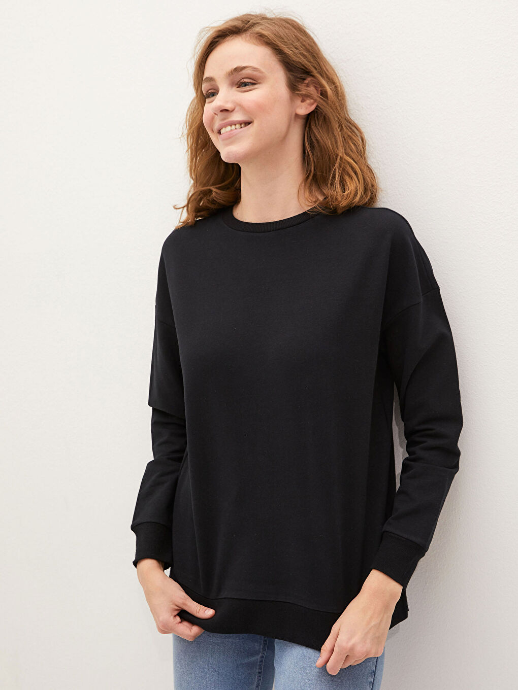 Siyah Bisiklet Yaka Basic Uzun Kollu Pamuklu Kadın Sweatshirt-5