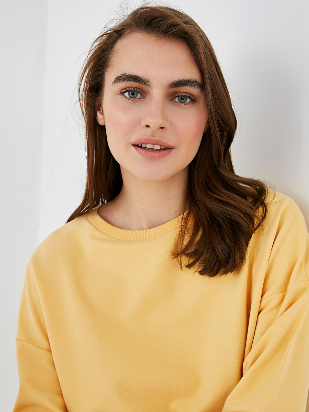 Turuncu Bisiklet Yaka Basic Uzun Kollu Pamuklu Kadın Sweatshirt-4