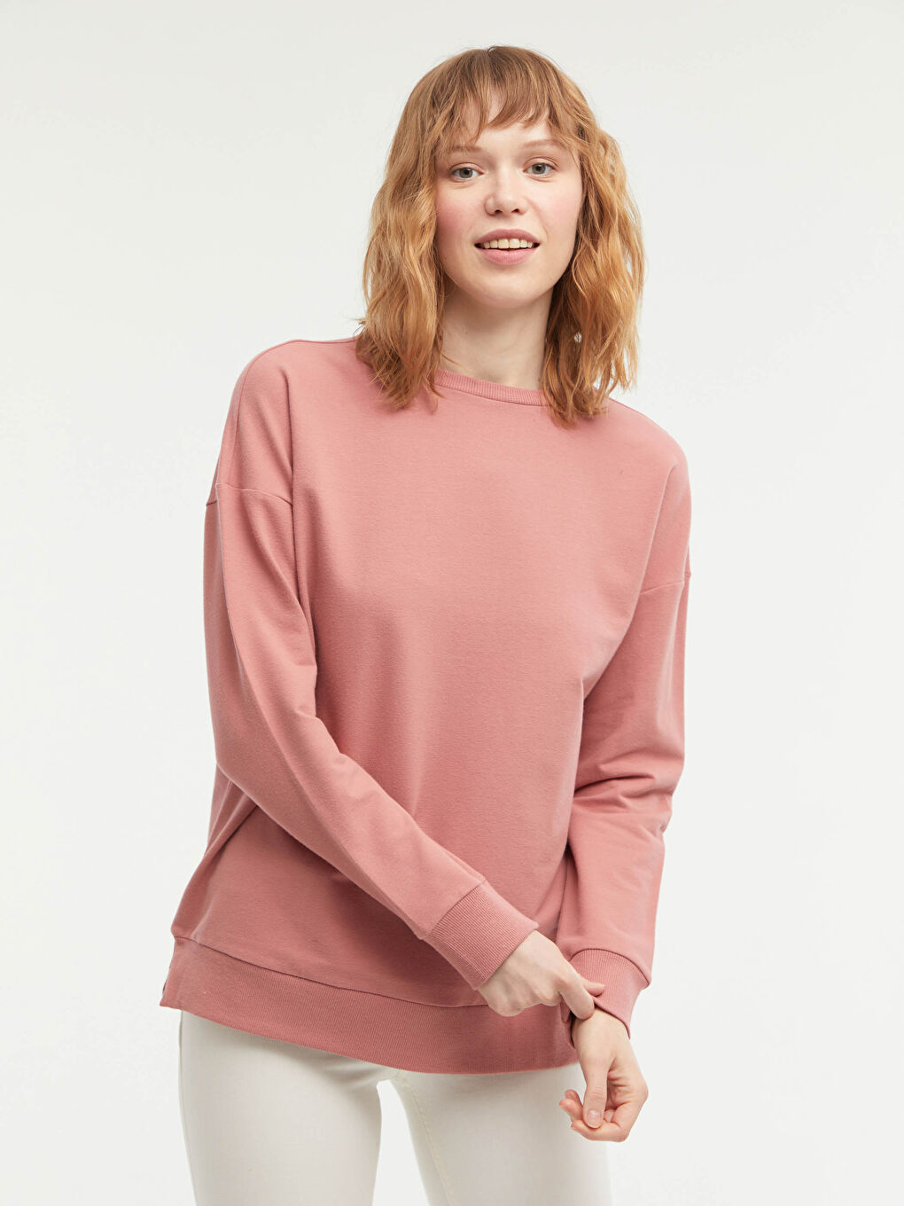 Pembe Bisiklet Yaka Basic Uzun Kollu Pamuklu Kadın Sweatshirt-14