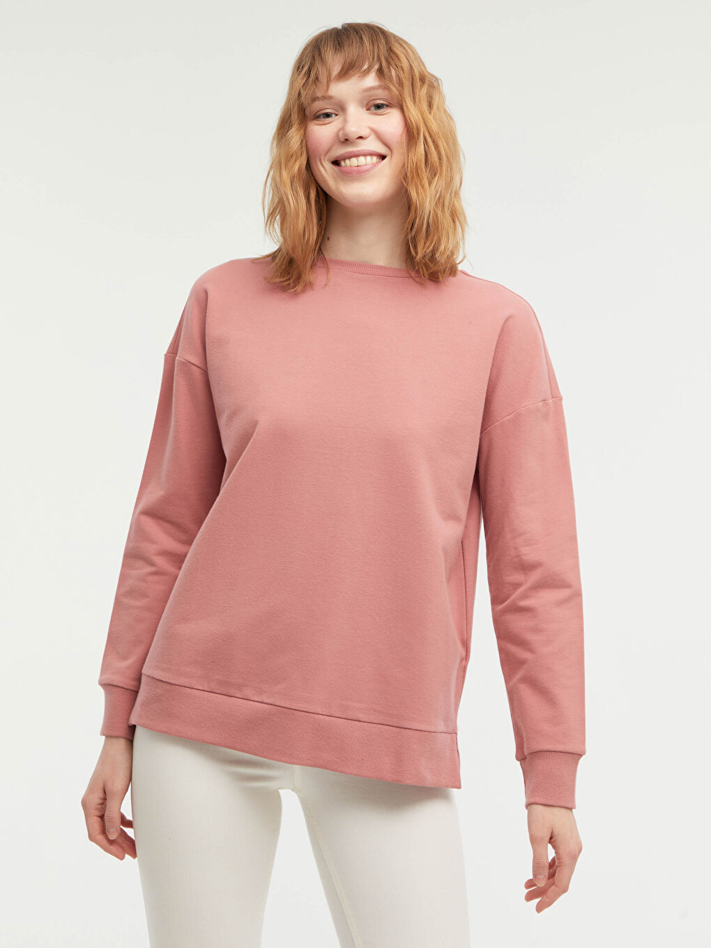 Pembe Bisiklet Yaka Basic Uzun Kollu Pamuklu Kadın Sweatshirt-10