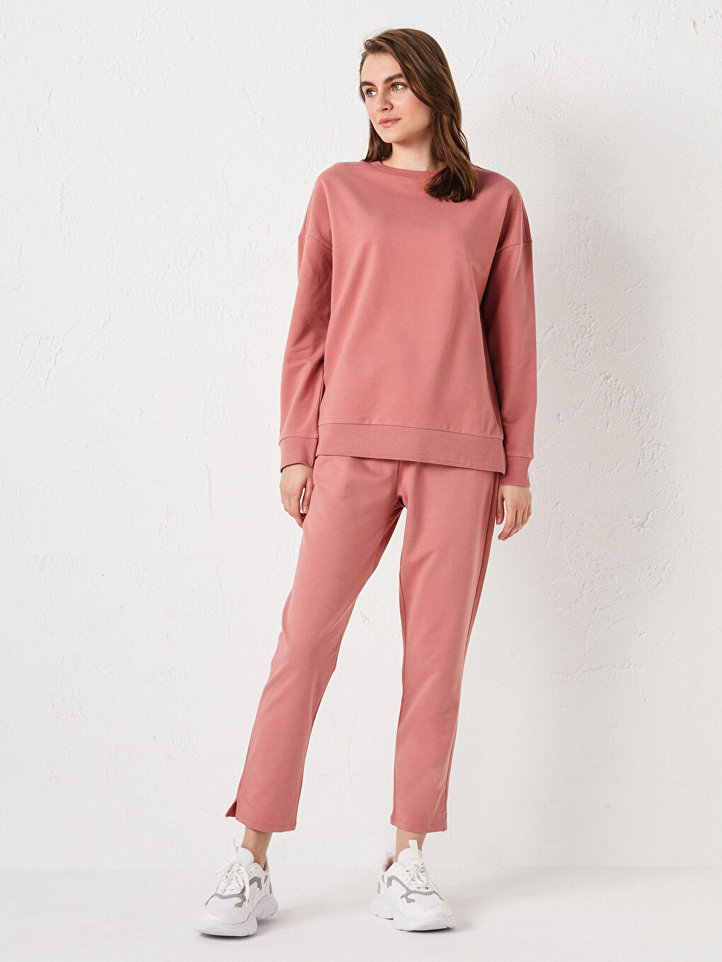Pembe Bisiklet Yaka Basic Uzun Kollu Pamuklu Kadın Sweatshirt-8
