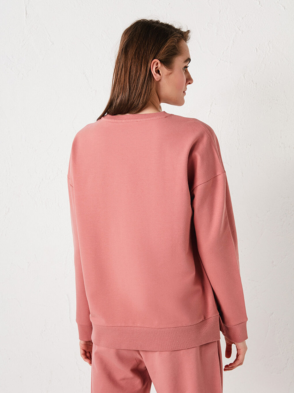 Pembe Bisiklet Yaka Basic Uzun Kollu Pamuklu Kadın Sweatshirt-9