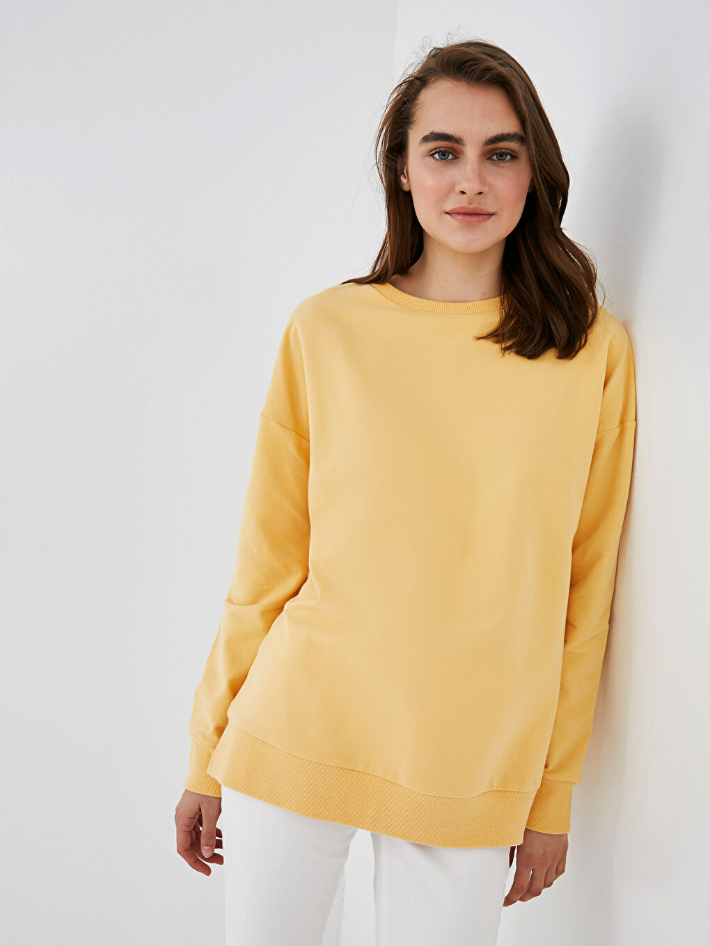 Turuncu Bisiklet Yaka Basic Uzun Kollu Pamuklu Kadın Sweatshirt-6