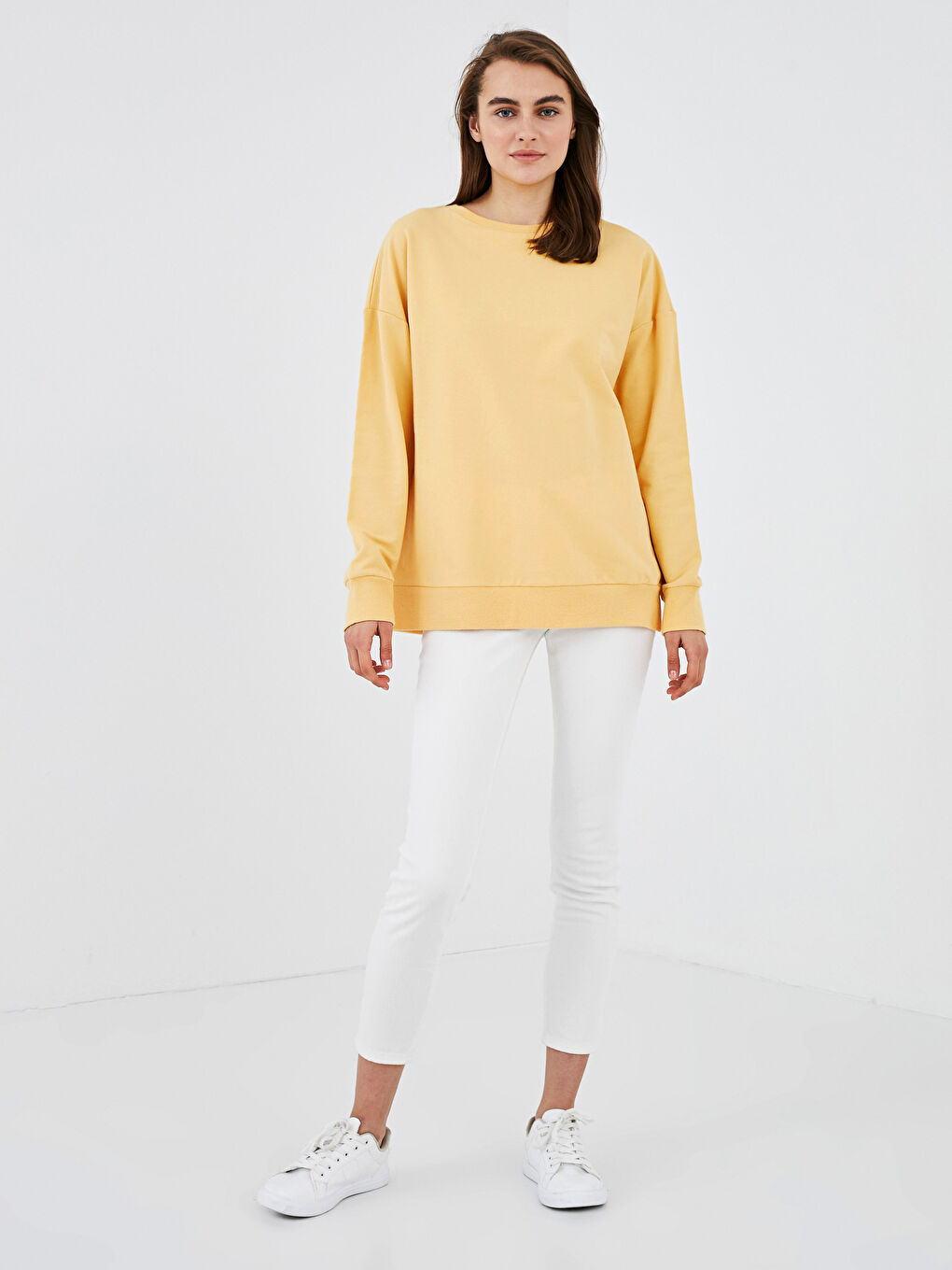 Turuncu Bisiklet Yaka Basic Uzun Kollu Pamuklu Kadın Sweatshirt-3