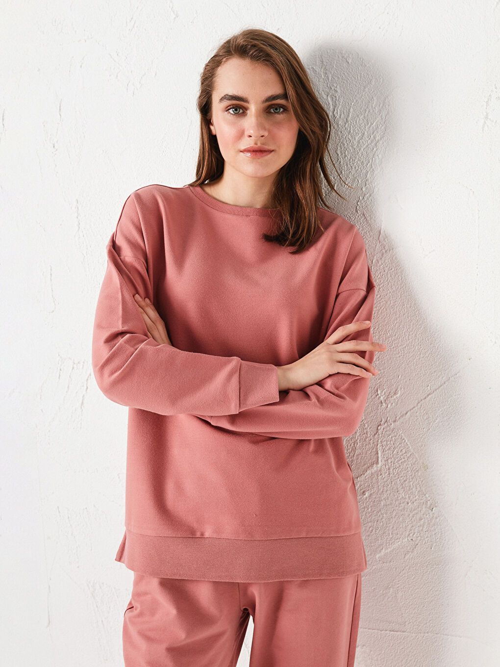Pembe Bisiklet Yaka Basic Uzun Kollu Pamuklu Kadın Sweatshirt-5