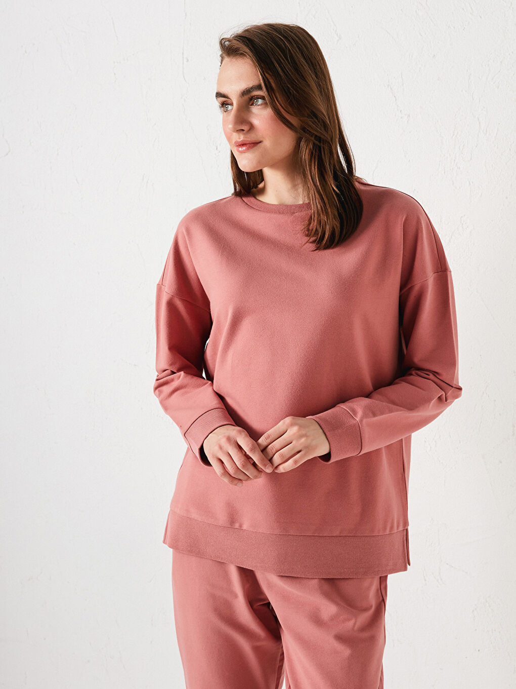 Pembe Bisiklet Yaka Basic Uzun Kollu Pamuklu Kadın Sweatshirt-6