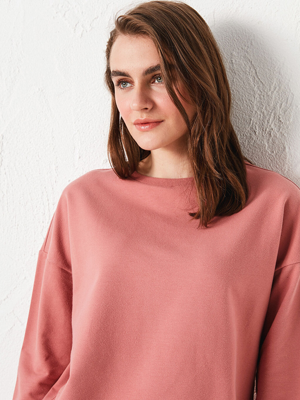 Pembe Bisiklet Yaka Basic Uzun Kollu Pamuklu Kadın Sweatshirt-7