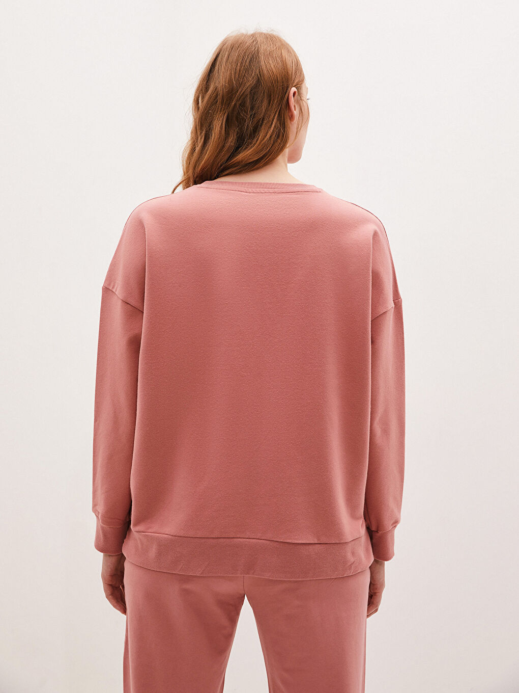 Pembe Bisiklet Yaka Basic Uzun Kollu Pamuklu Kadın Sweatshirt-4