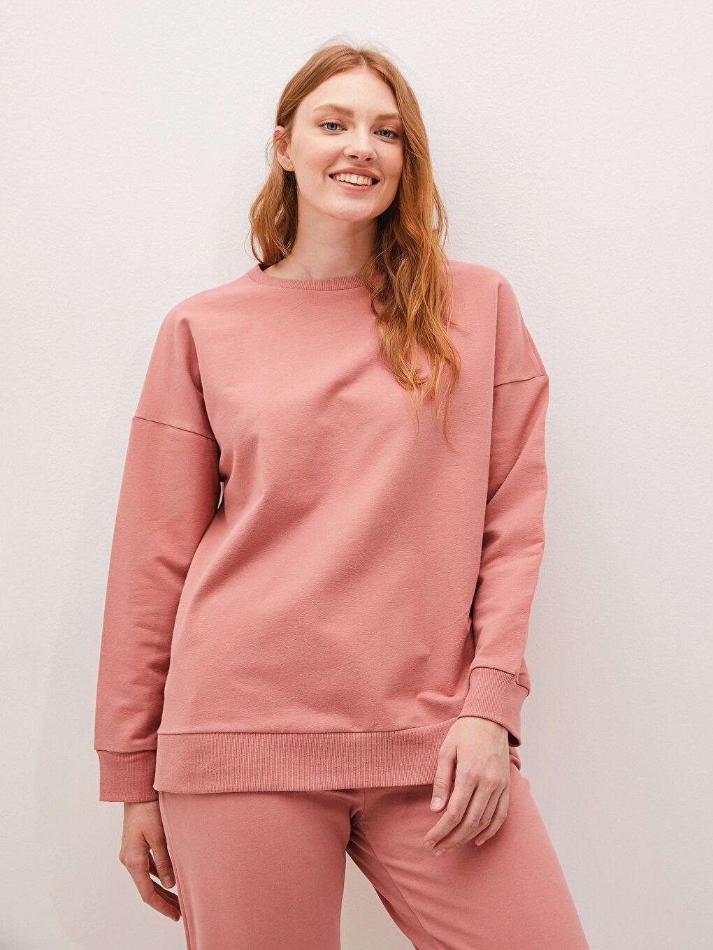 Pembe Bisiklet Yaka Basic Uzun Kollu Pamuklu Kadın Sweatshirt