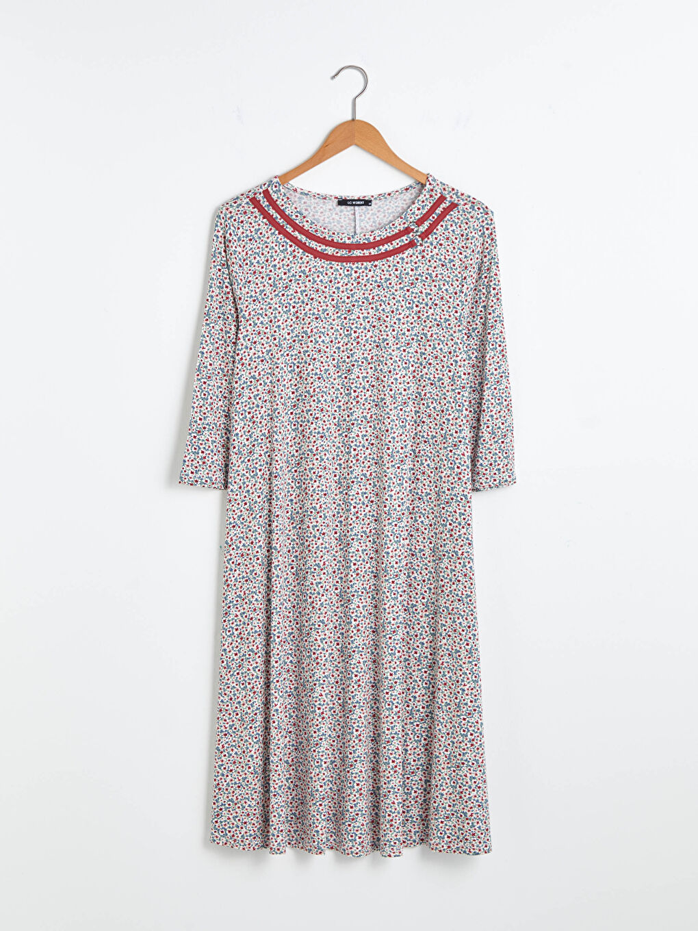 Kahverengi Bisiklet Yaka Çiçek Desenli Kısa Kollu Viskon Kadın Elbise-5