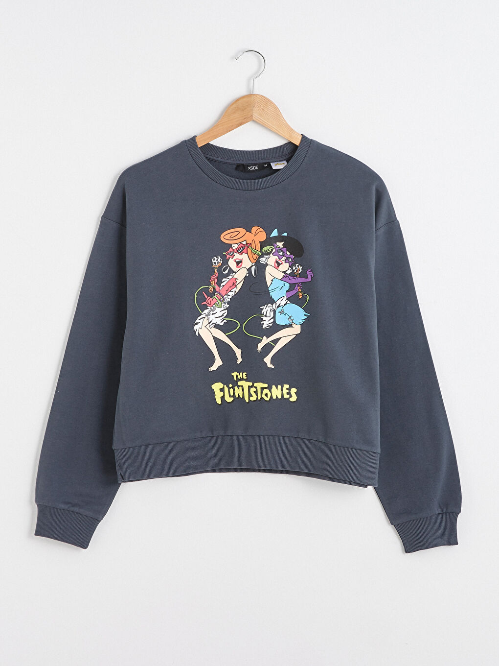 Antrasit Bisiklet Yaka Flints Stones Baskılı Uzun Kollu Pamuklu Kadın Sweatshirt-6