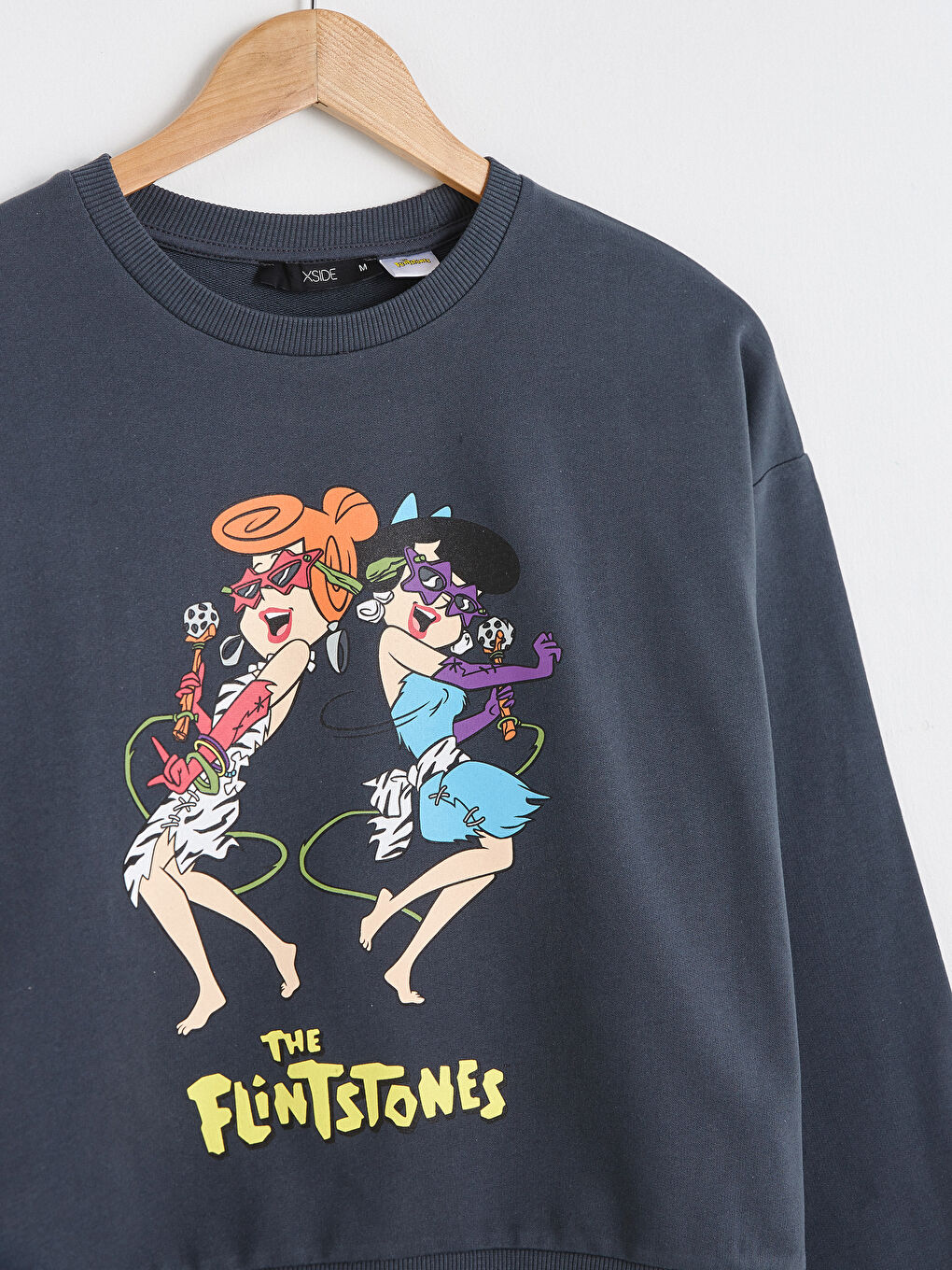 Antrasit Bisiklet Yaka Flints Stones Baskılı Uzun Kollu Pamuklu Kadın Sweatshirt-8