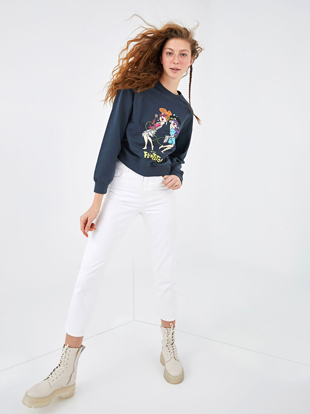 Antrasit Bisiklet Yaka Flints Stones Baskılı Uzun Kollu Pamuklu Kadın Sweatshirt-3