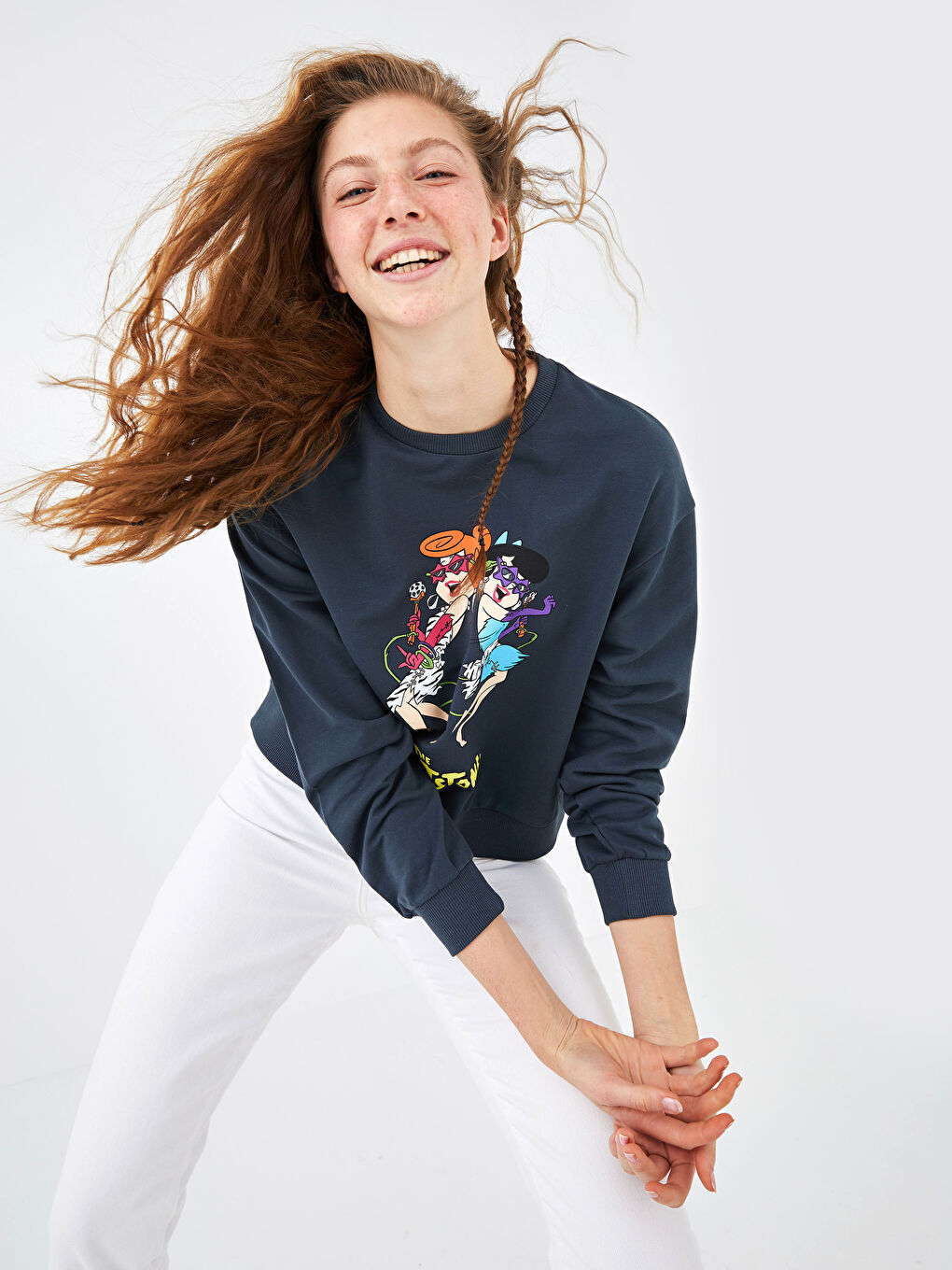 Antrasit Bisiklet Yaka Flints Stones Baskılı Uzun Kollu Pamuklu Kadın Sweatshirt-5