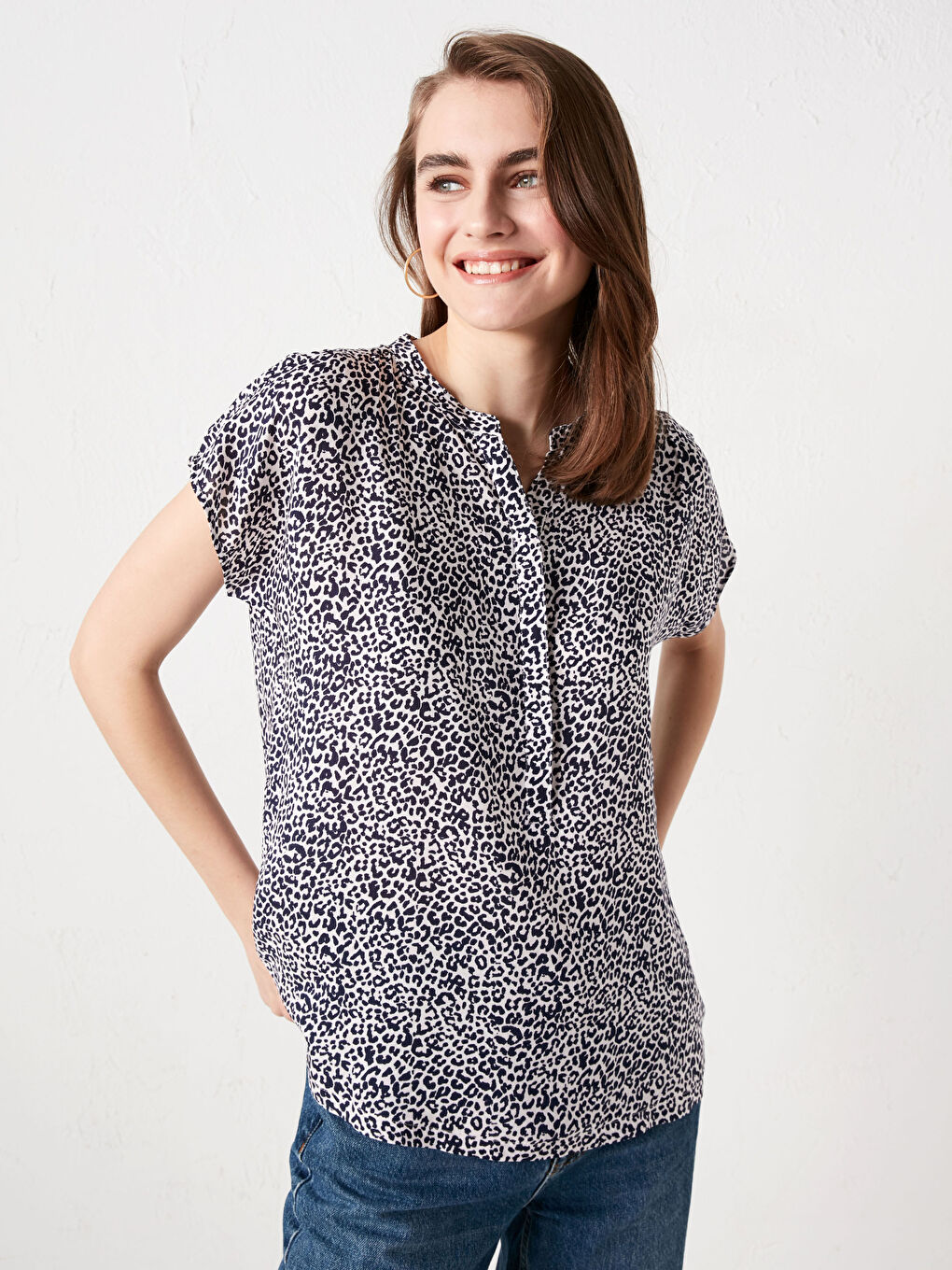 Turtle Neck Printed Short Sleeve Viscose Women's Blouse